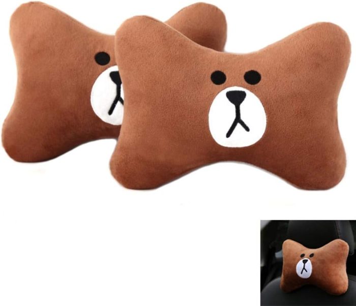 2Pcs Car Headrest Pillow Cute Bear Car Neck Pillow, Comfortable Soft Car Seat Pillow, Car Accessories Head Neck Pillow, Universal Headrest Pillow for Travelling and Home (Brown)