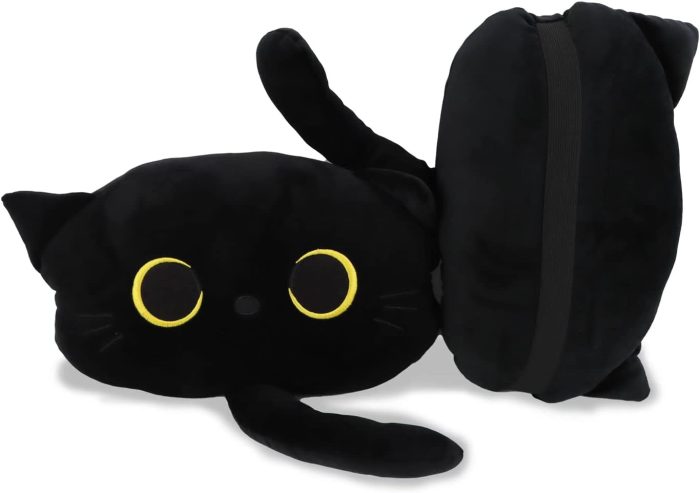 Black Cat Car Headrest Pillow Neck Suort Plush Cushion for Driving Seat (2 pcs)