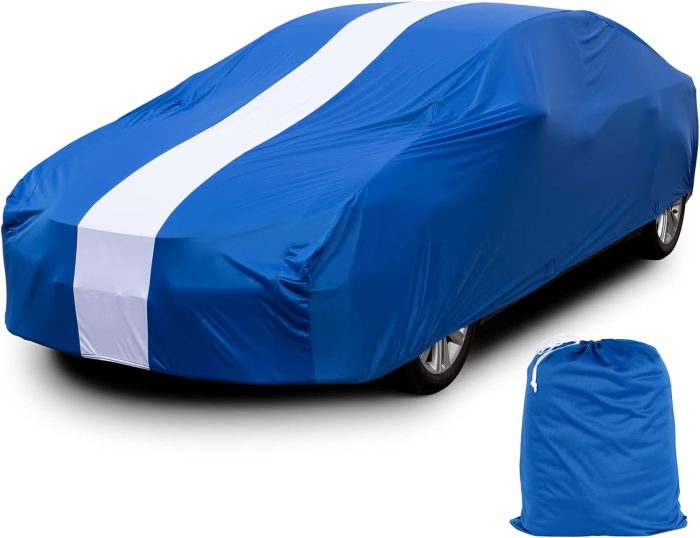Car Cover Dustproof Sedan Indoor Stretch Cover Universal Fit 177-193 Inch Automobiles Full Car Cover with Storage Bag Breathable Windproof All-Weather Auto Vehicle Cover (Blue-Upgraded)