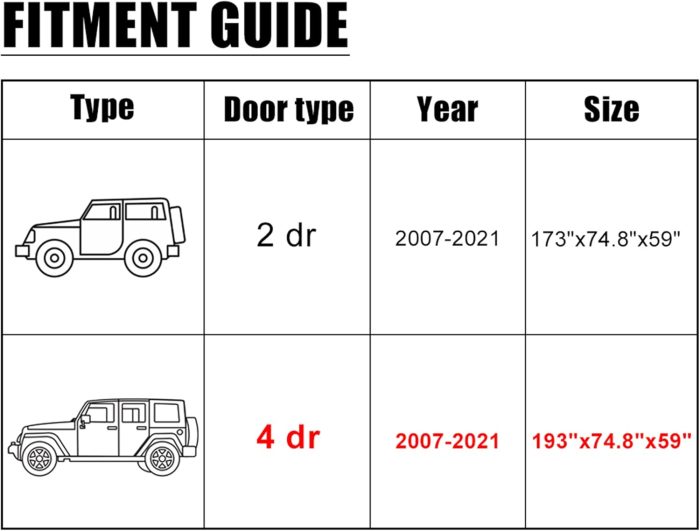 Car Cover for   4 Door 2007-2021 Outdoor Waterproof Sun Rain Dust Wind Snow Protection w/Driver Door  Black - Image 2
