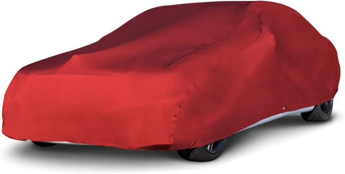 Indoor Stretch Car Cover, Luxury Indoor Protection, Soft Inner Lining, Breathable, Dustproof, Car Cover fits Cars up to 200", Red, Size 3: Fits up to 16'8"