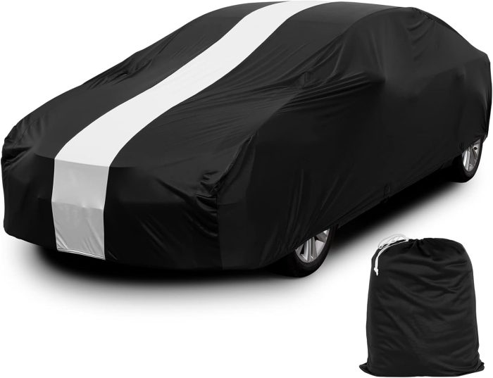 Car Cover Indoor Dustproof Sedan Stretch Cover Universal Fit 177-193 Inch Inside Protection Full Car Cover with Storage Bag Breathable Windproof All-Weather Auto Vehicle Cover (Black-Upgraded)
