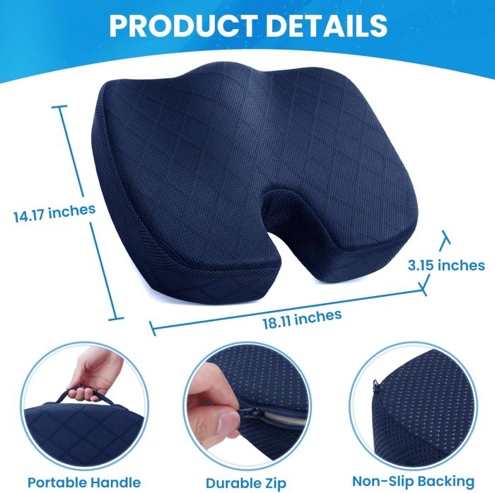 Seat Cushion - Memory Foam Cushion for Office Chair, Car Seat, Airplane, Bleacher - Sciatica & Coccyx Pain Relief Desk Chair Cushion for Long Sitting Office Workers, Car Drivers(Blue) - Image 2