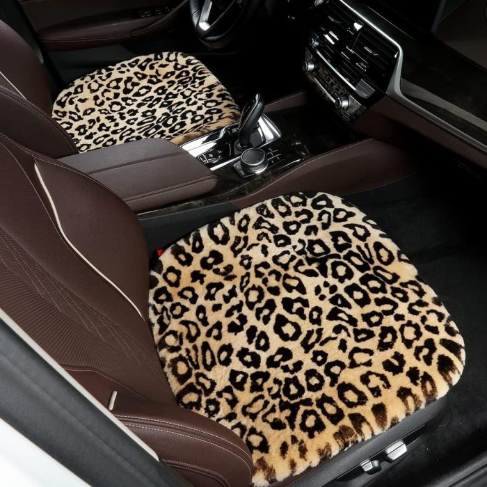 LLB Genuine Sheepskin Car Seat Cushion Seat Covers for Cars Truck  Comfort Seat Protector Pad for Car Driver Seat Car Accessories for Women Office Chair Decor, Khaki Leopard Front Seat Cushion-1 Pc - Image 2