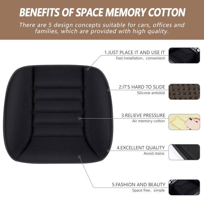 Car Seat Cushion Pad 1.2" Thick Comfort Seat Protector for Car Driver Seat Office Chair Home Use Memory Foam Seat Cushion with Non Slip Bottom, 20'' x 18.5'', Black - Image 2