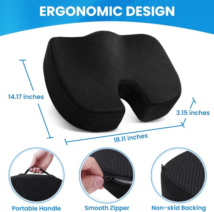 Office/ Car Seat Cushion, Non-Slip Sciatica & Back Coccyx Tailbone Pain Relief Chair Pad, Memory Foam Butt Pillow for Comter Desk, Wheelchair, Driving (Black) - Image 2