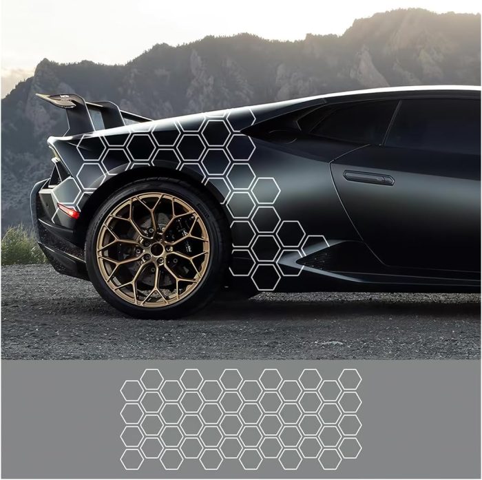 Car Door Side Decals, Automotive Body Self-Adhesive Wterproof  Hexagon Pattern Vinyl Door Side Graphics Stickers Decoration Accessories, Universal for Vehicles, , Trucks (White)