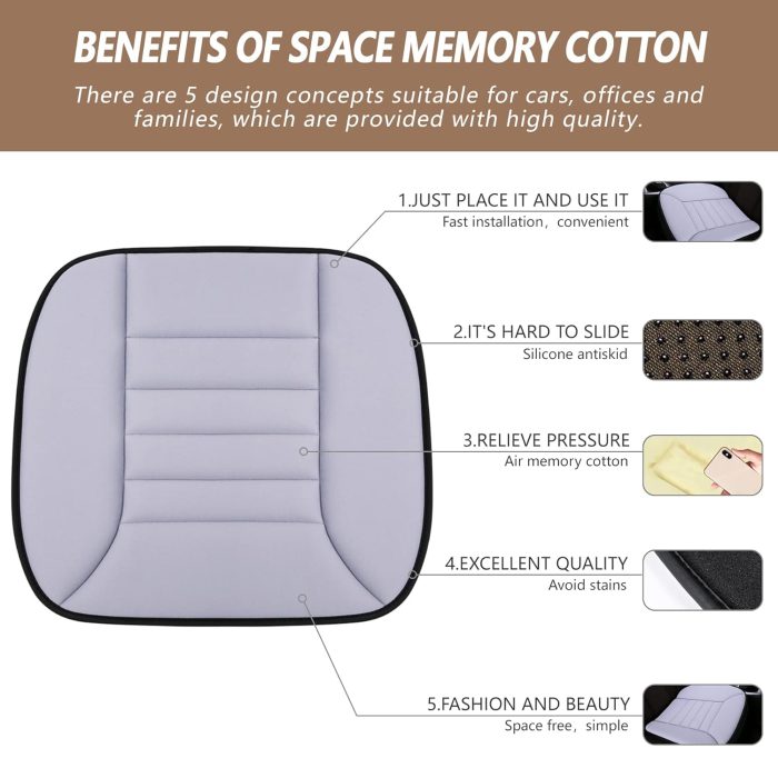 Car Seat Cushion Pad 1.2" Thick Comfort Seat Protector for Car Driver Seat Office Chair Home Use Memory Foam Seat Cushion with Non Slip Bottom, 20'' x 18.5'', Gray - Image 2
