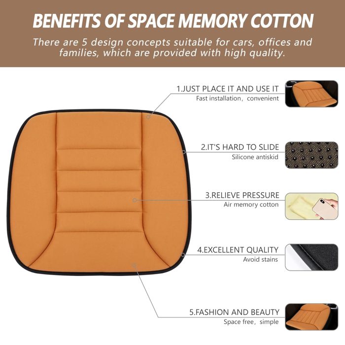 Car Seat Cushion Pad 1.2" Thick Comfort Seat Protector for Car Driver Seat Office Chair Home Use Memory Foam Seat Cushion with Non Slip Bottom, 20'' x 18.5'', Orange - Image 2