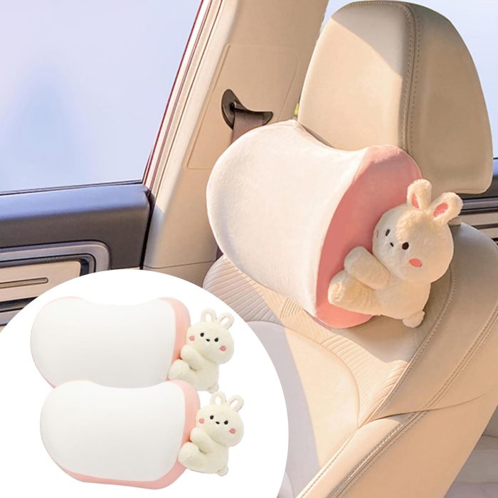 Car Headrest Pillow 2PCS Bear or Bunny Car Seat Neck Pillow Car Decor Memory Foam Neck Suort Cushions for Comfortable Driving, Easy Install & Washable (Pink)