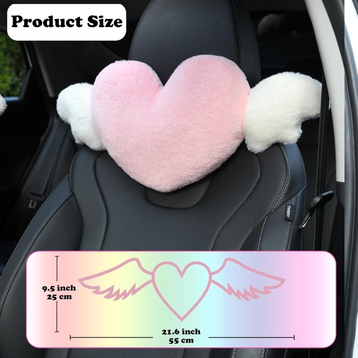 2 Pack Heart d Cute Car Headrest Pillow with Angel Wings - Comfortable Soft Head Rest Cushion Kawaii Car Accessories Neck Pillow for Driving Travelling Office Home Decor - Pink Love Heart - Image 2