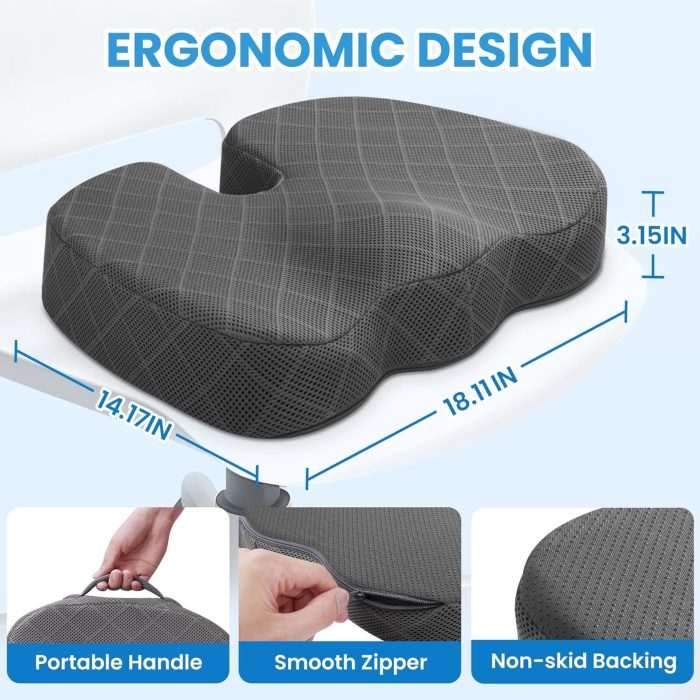 Seat Cushion - Memory Foam Cushion for Office Chair, Car Seat, Airplane, Bleacher - Sciatica & Hip & Coccyx Pain Relief Desk Chair Cushion for Long Sitting Office Workers, Car Drivers - Image 2