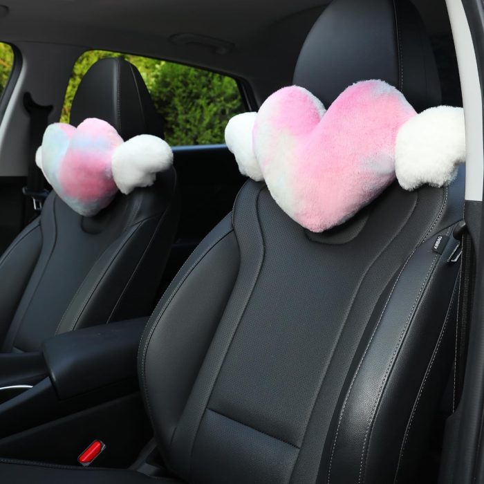 2 Pack Heart d Cute Car Headrest Pillow with Angel Wings Comfortable Soft Head Rest Cushion Kawaii Car Accessories Neck Pillow for Driving Travelling Office Home Decor - Tie dye Color Love Heart