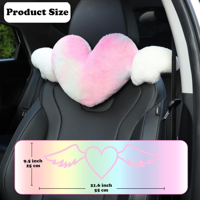 2 Pack Heart d Cute Car Headrest Pillow with Angel Wings Comfortable Soft Head Rest Cushion Kawaii Car Accessories Neck Pillow for Driving Travelling Office Home Decor - Tie dye Color Love Heart - Image 2