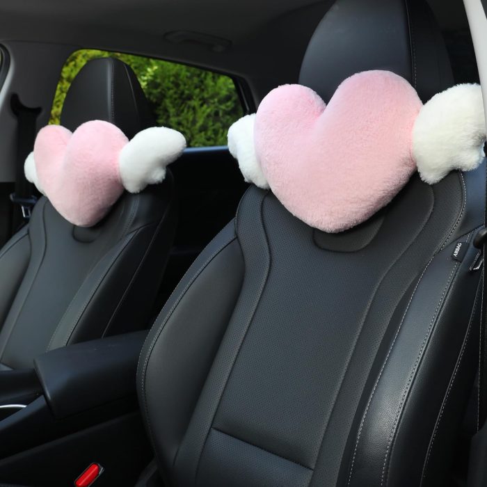 2 Pack Heart d Cute Car Headrest Pillow with Angel Wings - Comfortable Soft Head Rest Cushion Kawaii Car Accessories Neck Pillow for Driving Travelling Office Home Decor - Pink Love Heart