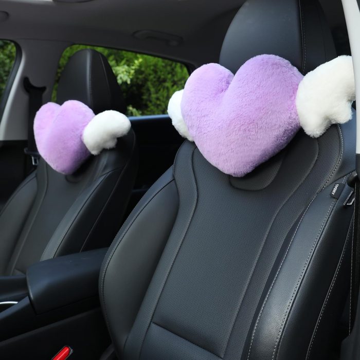 2 Pack Heart d Cute Car Headrest Pillow with Angel Wings - Comfortable Soft Head Rest Cushion Kawaii Car Accessories Neck Pillow for Driving Travelling Office Home Decor - Lavender Love Heart