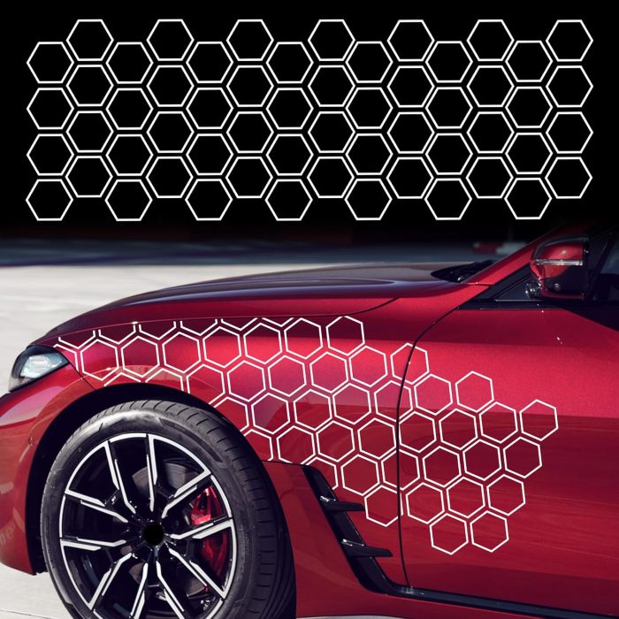 38''x12'' Honeycomb Car Side Body Stickers Hexagonal Graphics Decals Auto Vinyl Waterproof Car Door Side Stripes Racing Sports Skirt Decal Universal for Car Vehicles  Decorations (White)